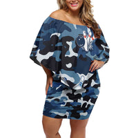 Blue Camouflage Pattern Family Matching Off Shoulder Short Dress and Hawaiian Shirt with Bowling Pins and Ball Graphic Design - Wonder Print Shop