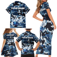 Blue Camouflage Pattern Family Matching Short Sleeve Bodycon Dress and Hawaiian Shirt with Bowling Pins and Ball Graphic Design - Wonder Print Shop