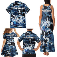 Blue Camouflage Pattern Family Matching Tank Maxi Dress and Hawaiian Shirt with Bowling Pins and Ball Graphic Design - Wonder Print Shop