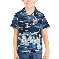 Blue Camouflage Pattern Hawaiian Shirt with Bowling Pins and Ball Graphic Design - Wonder Print Shop