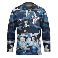 Blue Camouflage Pattern Hockey Jersey with Bowling Pins and Ball Graphic Design - Wonder Print Shop