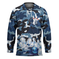 Blue Camouflage Pattern Hockey Jersey with Bowling Pins and Ball Graphic Design - Wonder Print Shop