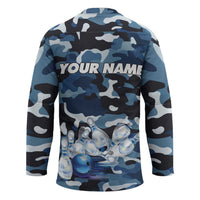Blue Camouflage Pattern Hockey Jersey with Bowling Pins and Ball Graphic Design - Wonder Print Shop