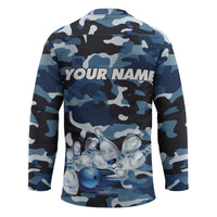 Blue Camouflage Pattern Hockey Jersey with Bowling Pins and Ball Graphic Design - Wonder Print Shop