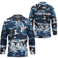 Blue Camouflage Pattern Hockey Jersey with Bowling Pins and Ball Graphic Design - Wonder Print Shop