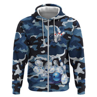 Blue Camouflage Pattern Hoodie with Bowling Pins and Ball Graphic Design - Wonder Print Shop