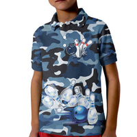 Blue Camouflage Pattern Kid Polo Shirt with Bowling Pins and Ball Graphic Design - Wonder Print Shop