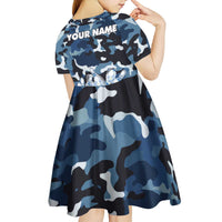 Blue Camouflage Pattern Kid Short Sleeve Dress with Bowling Pins and Ball Graphic Design - Wonder Print Shop