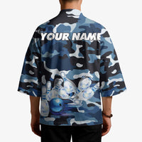 Blue Camouflage Pattern Kimono with Bowling Pins and Ball Graphic Design - Wonder Print Shop