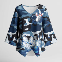Blue Camouflage Pattern Kimono Sleeve Blouse with Bowling Pins and Ball Graphic Design - Wonder Print Shop