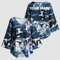 Blue Camouflage Pattern Kimono Sleeve Blouse with Bowling Pins and Ball Graphic Design - Wonder Print Shop