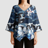 Blue Camouflage Pattern Kimono Sleeve Blouse with Bowling Pins and Ball Graphic Design - Wonder Print Shop