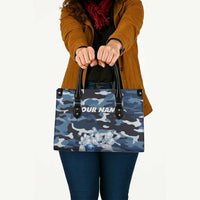 Blue Camouflage Pattern Leather Bag with Bowling Pins and Ball Graphic Design - Wonder Print Shop