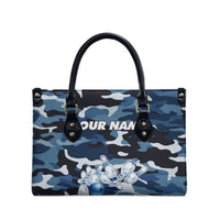 Blue Camouflage Pattern Leather Bag with Bowling Pins and Ball Graphic Design - Wonder Print Shop