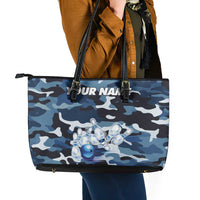 Blue Camouflage Pattern Leather Tote Bag with Bowling Pins and Ball Graphic Design - Wonder Print Shop