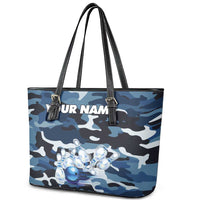 Blue Camouflage Pattern Leather Tote Bag with Bowling Pins and Ball Graphic Design - Wonder Print Shop