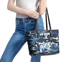 Blue Camouflage Pattern Leather Tote Bag with Bowling Pins and Ball Graphic Design - Wonder Print Shop