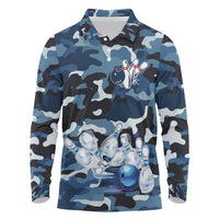 Blue Camouflage Pattern Long Sleeve Polo Shirt with Bowling Pins and Ball Graphic Design - Wonder Print Shop
