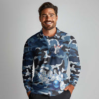 Blue Camouflage Pattern Long Sleeve Polo Shirt with Bowling Pins and Ball Graphic Design - Wonder Print Shop