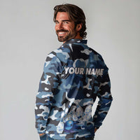 Blue Camouflage Pattern Long Sleeve Polo Shirt with Bowling Pins and Ball Graphic Design - Wonder Print Shop