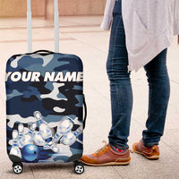 Blue Camouflage Pattern Luggage Cover with Bowling Pins and Ball Graphic Design - Wonder Print Shop