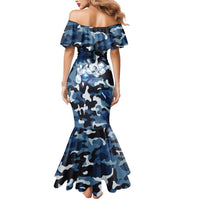 Blue Camouflage Pattern Mermaid Dress with Bowling Pins and Ball Graphic Design - Wonder Print Shop