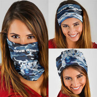 Blue Camouflage Pattern Neck Gaiter with Bowling Pins and Ball Graphic Design - Wonder Print Shop