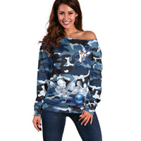 Blue Camouflage Pattern Off Shoulder Sweater with Bowling Pins and Ball Graphic Design - Wonder Print Shop