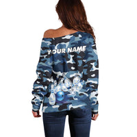 Blue Camouflage Pattern Off Shoulder Sweater with Bowling Pins and Ball Graphic Design - Wonder Print Shop