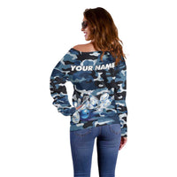 Blue Camouflage Pattern Off Shoulder Sweater with Bowling Pins and Ball Graphic Design - Wonder Print Shop