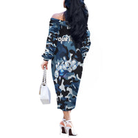 Blue Camouflage Pattern Off The Shoulder Long Sleeve Dress with Bowling Pins and Ball Graphic Design - Wonder Print Shop