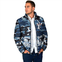 Blue Camouflage Pattern Padded Jacket with Bowling Pins and Ball Graphic Design - Wonder Print Shop