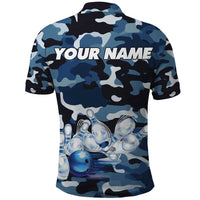 Blue Camouflage Pattern Polo Shirt with Bowling Pins and Ball Graphic Design - Wonder Print Shop