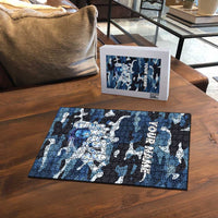 Blue Camouflage Pattern Puzzle with Bowling Pins and Ball Graphic Design - Wonder Print Shop