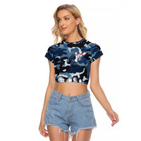 Blue Camouflage Pattern Raglan Cropped T Shirt with Bowling Pins and Ball Graphic Design - Wonder Print Shop