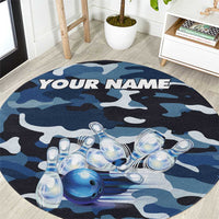 Blue Camouflage Pattern Round Carpet with Bowling Pins and Ball Graphic Design - Wonder Print Shop