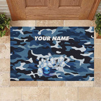 Blue Camouflage Pattern Rubber Doormat with Bowling Pins and Ball Graphic Design - Wonder Print Shop