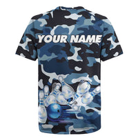 Blue Camouflage Pattern Rugby Jersey with Bowling Pins and Ball Graphic Design - Wonder Print Shop