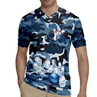Blue Camouflage Pattern Rugby Jersey with Bowling Pins and Ball Graphic Design - Wonder Print Shop