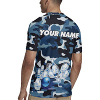 Blue Camouflage Pattern Rugby Jersey with Bowling Pins and Ball Graphic Design - Wonder Print Shop