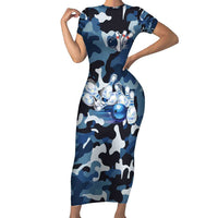 Blue Camouflage Pattern Short Sleeve Bodycon Dress with Bowling Pins and Ball Graphic Design - Wonder Print Shop