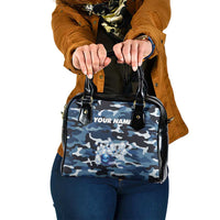 Blue Camouflage Pattern Shoulder Handbag with Bowling Pins and Ball Graphic Design - Wonder Print Shop