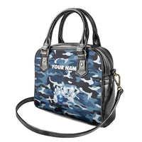Blue Camouflage Pattern Shoulder Handbag with Bowling Pins and Ball Graphic Design - Wonder Print Shop