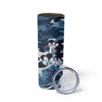Blue Camouflage Pattern Skinny Tumbler with Bowling Pins and Ball Graphic Design - Wonder Print Shop