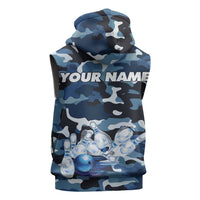 Blue Camouflage Pattern Sleeveless Hoodie with Bowling Pins and Ball Graphic Design - Wonder Print Shop