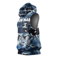 Blue Camouflage Pattern Sleeveless Hoodie with Bowling Pins and Ball Graphic Design - Wonder Print Shop