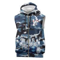 Blue Camouflage Pattern Sleeveless Zip Hoodie with Bowling Pins and Ball Graphic Design - Wonder Print Shop