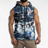 Blue Camouflage Pattern Sleeveless Zip Hoodie with Bowling Pins and Ball Graphic Design - Wonder Print Shop