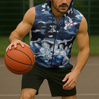 Blue Camouflage Pattern Sleeveless Zip Hoodie with Bowling Pins and Ball Graphic Design - Wonder Print Shop
