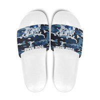 Blue Camouflage Pattern Slide Sandals with Bowling Pins and Ball Graphic Design - Wonder Print Shop